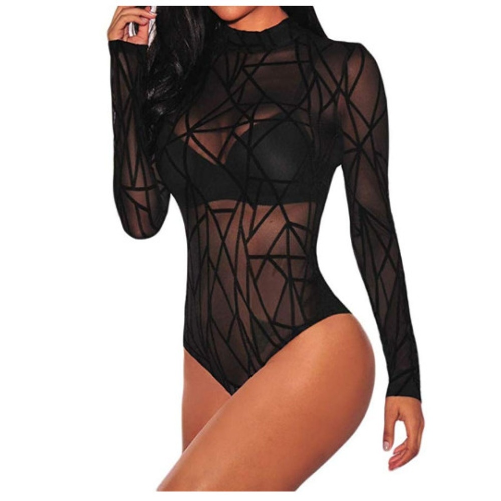 Sexy Sheer Mesh Rhinestone Long Sleeves Bodysuits